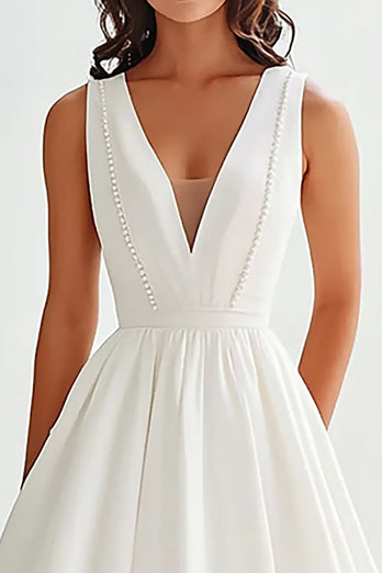 A Line White V-Neck Long Satin Graduation Dress with Beading