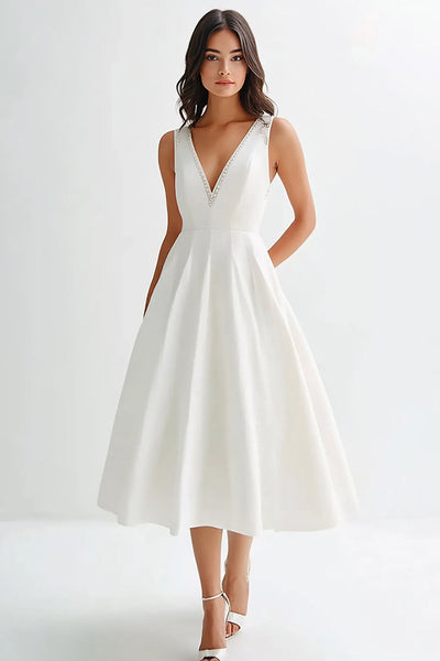 White Satin A Line V-Neck Tea Length Graduation Dress