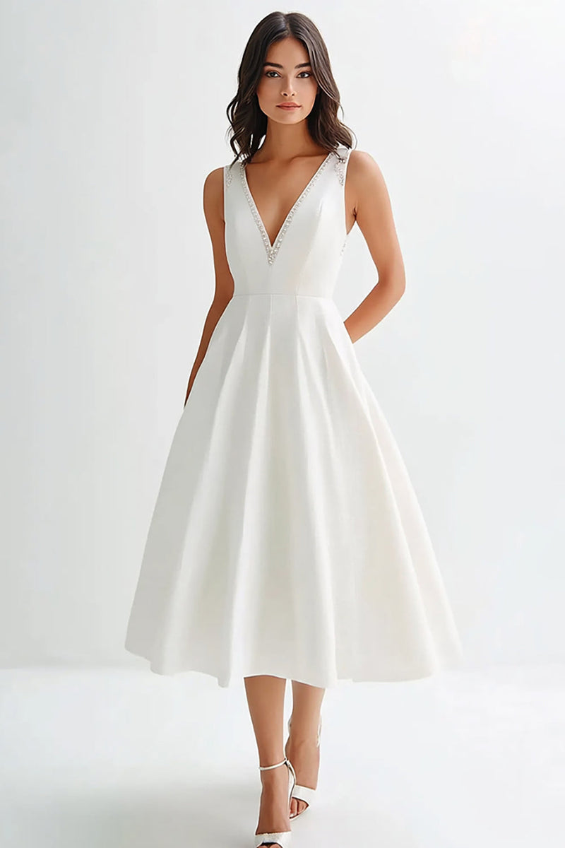 Load image into Gallery viewer, White Satin A Line V-Neck Tea Length Graduation Dress