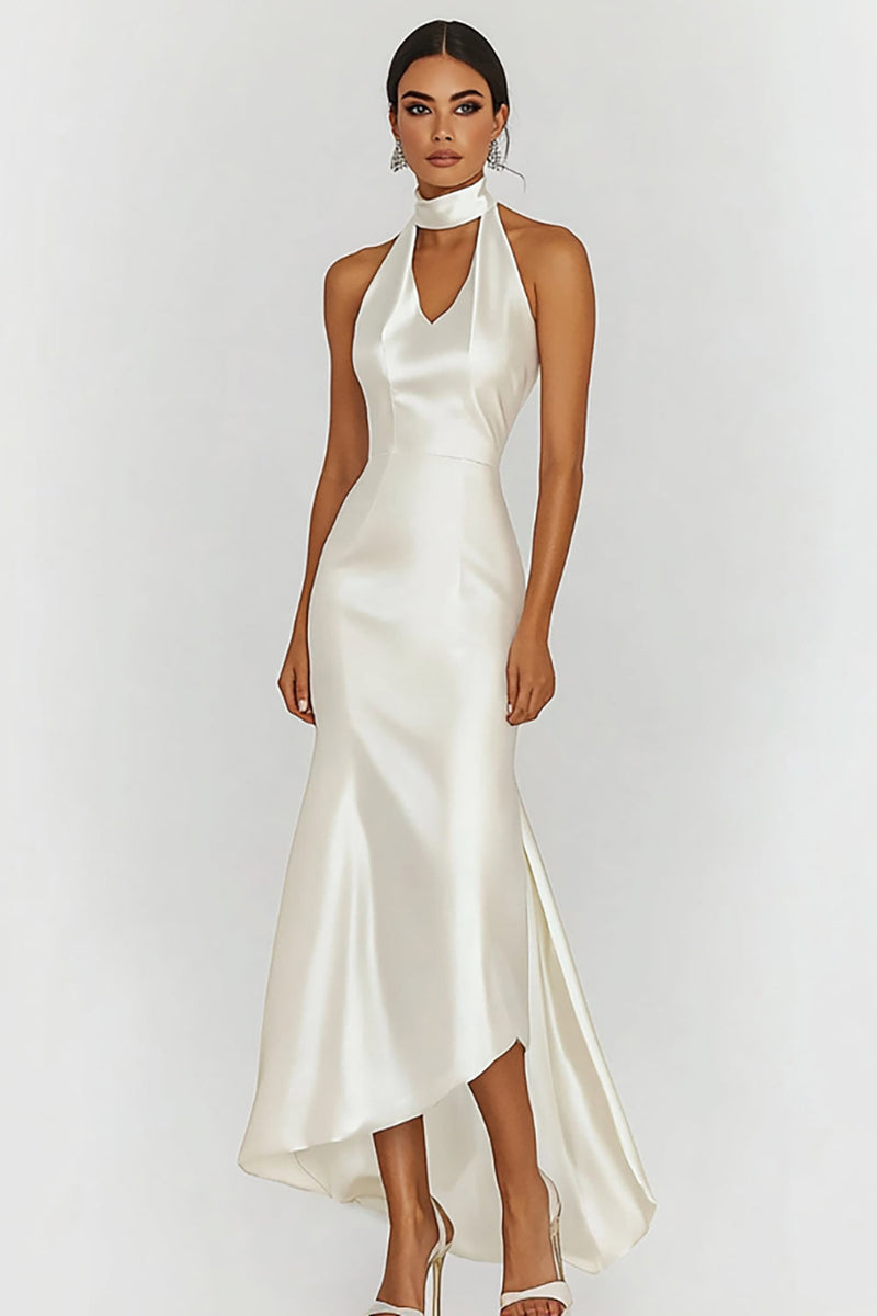 Load image into Gallery viewer, White Halter Keyhole Satin Sheath Long Graduation Dress