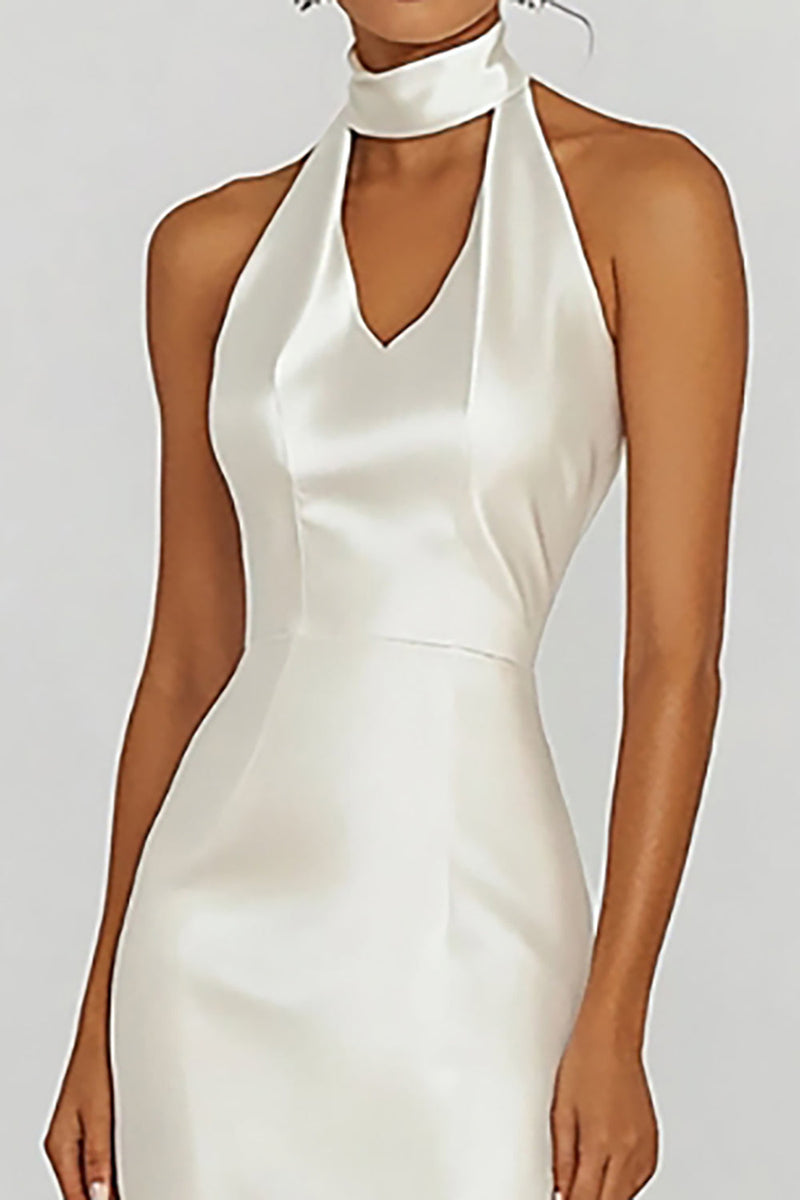 Load image into Gallery viewer, White Halter Keyhole Satin Sheath Long Graduation Dress