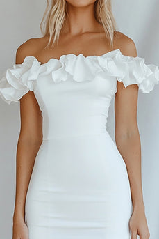 Off the Shoulder White Bodycon Graduation Dress with Ruffles