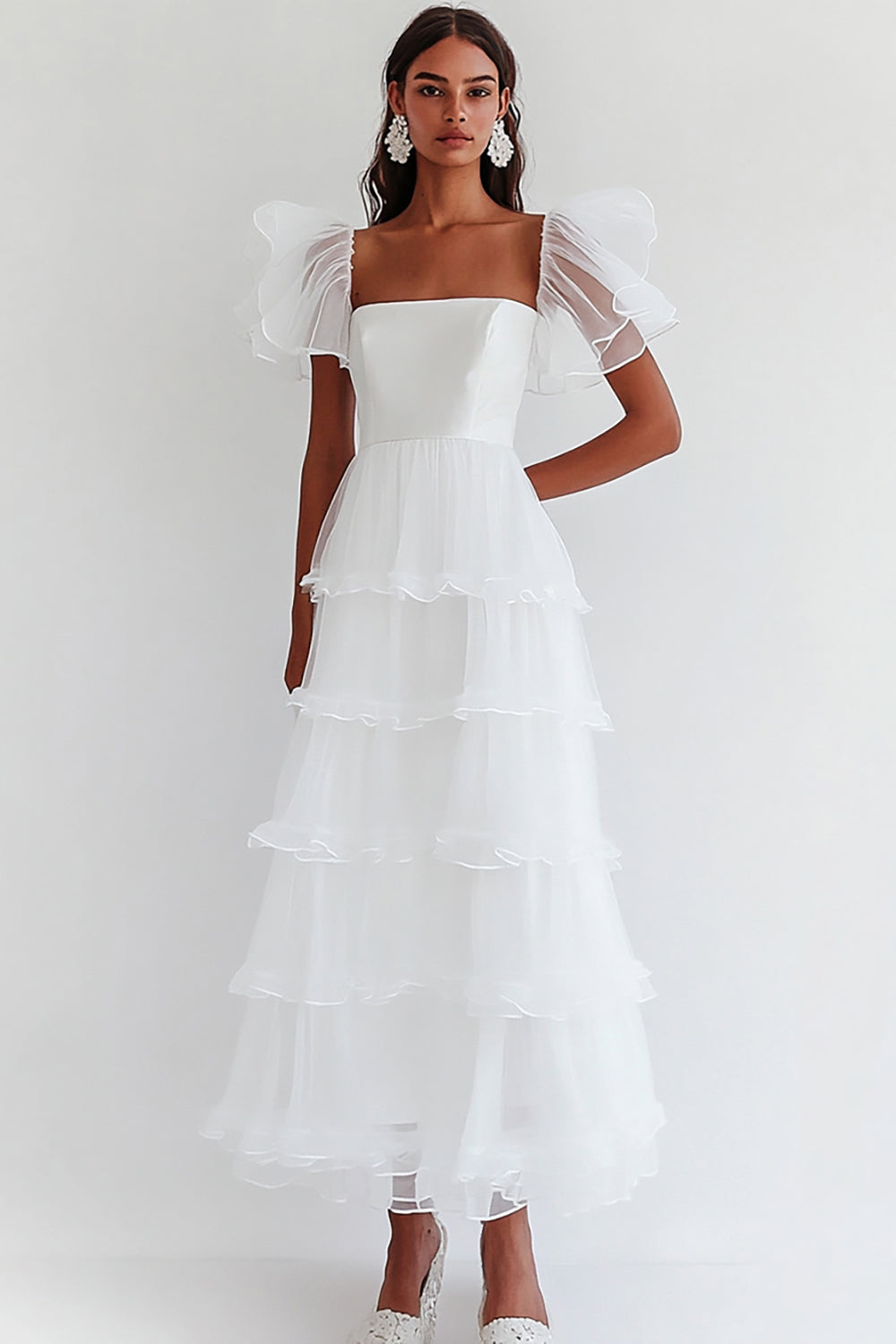 White Chiffon A Line Tiered Graduation Dress with Short Sleeves