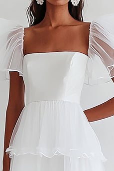 White Chiffon A Line Tiered Graduation Dress with Short Sleeves