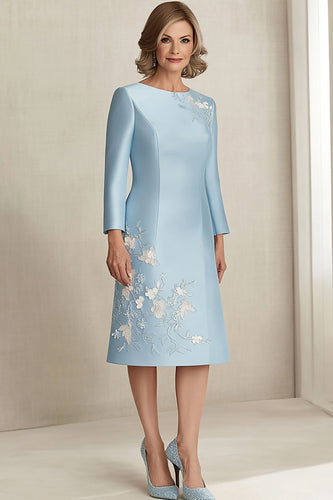 Floral Sky Blue Scoop Neck Satin Mother of the Bride Dress