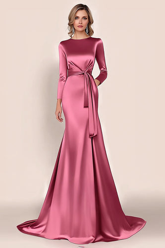 Blush Mermaid Satin Mother of the Bride Dress with Long Sleeves