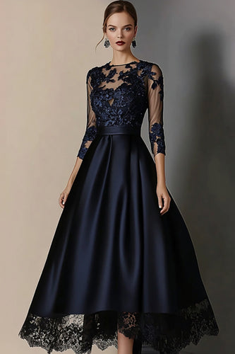 Navy A Line Scoop Mother of the Bride Dress with Lace