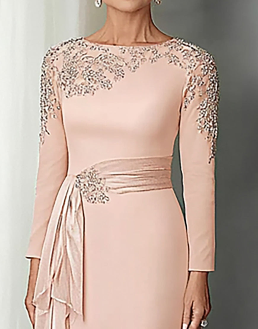 Load image into Gallery viewer, Blush Satin Sheath Mother of the Bride Dress with Long Sleeves