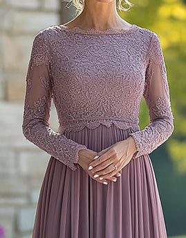 Lace Vintage Mauve A Line Pleated Mother of the Bride Dress