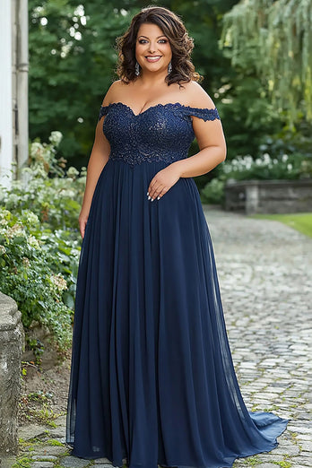 Navy Plus Size A Liine Mother of the Bride Dress with Lace