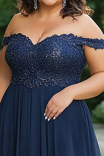 Navy Plus Size A Liine Mother of the Bride Dress with Lace