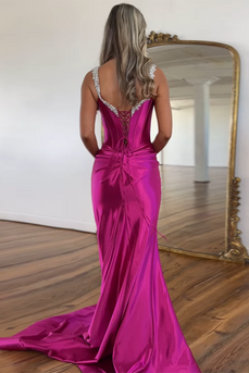 Fuchsia Corset Ruched Sparkly Long Prom Dress with Slit