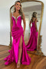 Load image into Gallery viewer, Fuchsia Corset Ruched Sparkly Long Prom Dress with Slit