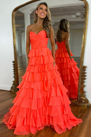 Orange Tiered Strapless A Line Long Prom Dress