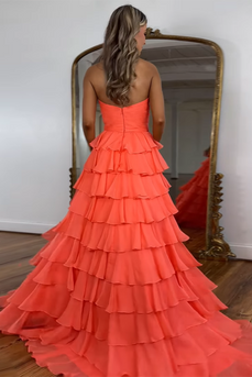 Orange Tiered Strapless A Line Long Prom Dress