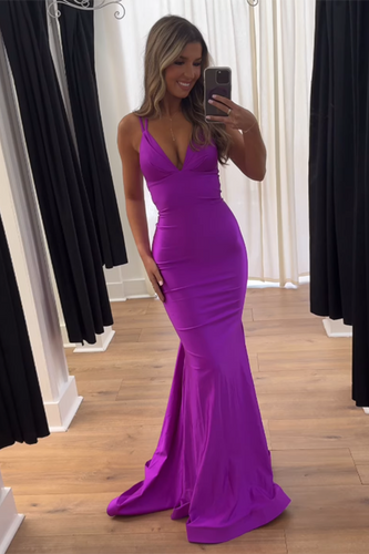 Hot Pink Spaghetti Straps Satin Mermaid Long Prom Dress