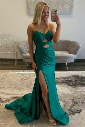 Emerald Green Ruched Sheath Long Prom Dress with Slit