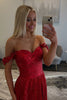 Load image into Gallery viewer, Red Sparkly Off the Shoulder Pleated Long Prom Dress with Slit