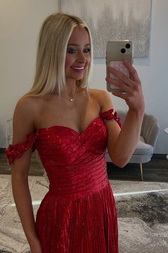 Red Sparkly Off the Shoulder Pleated Long Prom Dress with Slit