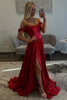 Load image into Gallery viewer, Red Sparkly Off the Shoulder Pleated Long Prom Dress with Slit