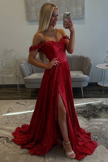 Red Sparkly Off the Shoulder Pleated Long Prom Dress with Slit