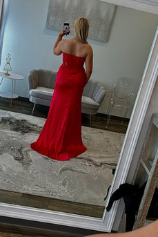 Red Sparkly Corset Sheath Long Prom Dress with Slit