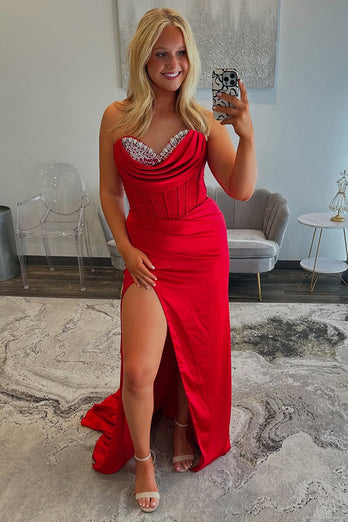 Red Sparkly Corset Sheath Long Prom Dress with Slit