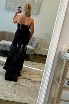 Sparkly Black Beaded Sheath Long Prom Dress with Slit