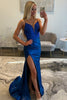 Load image into Gallery viewer, Sparkly Royal Blue Satin Beaded Long Prom Dress with Slit