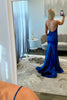 Load image into Gallery viewer, Sparkly Royal Blue Satin Beaded Long Prom Dress with Slit