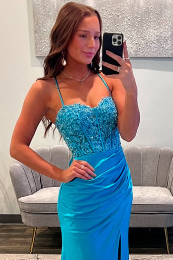 Blue Corset Appliqued Satin Long Prom Dress with Slit