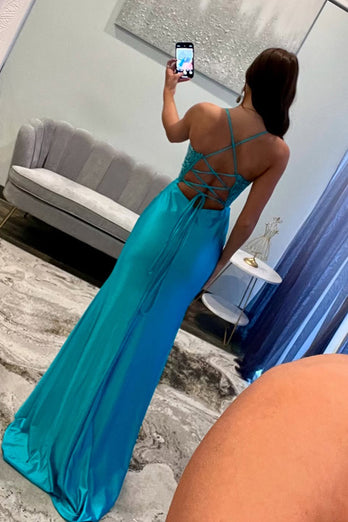 Blue Corset Appliqued Satin Long Prom Dress with Slit