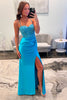 Load image into Gallery viewer, Blue Corset Appliqued Satin Long Prom Dress with Slit