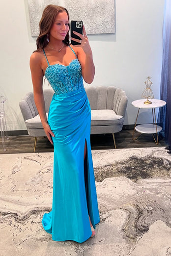 Blue Corset Appliqued Satin Long Prom Dress with Slit