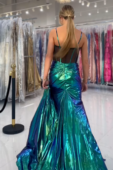 Green Sparkly Corset Ruched Long Prom Dress with Slit