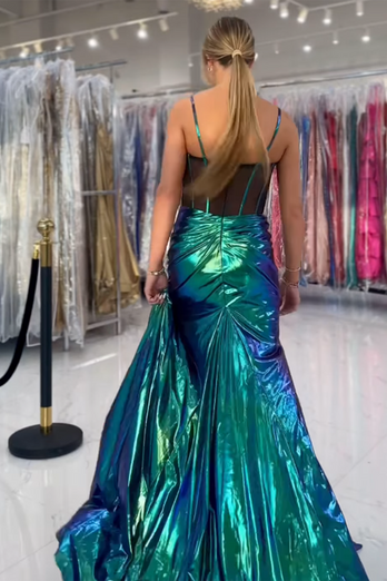 Green Sparkly Corset Ruched Long Prom Dress with Slit