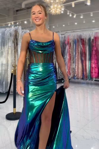 Green Sparkly Corset Ruched Long Prom Dress with Slit