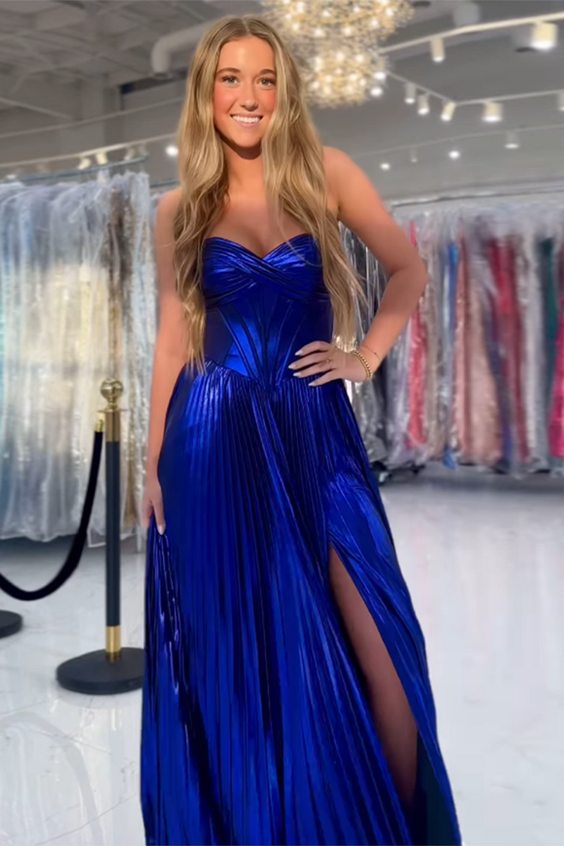 Load image into Gallery viewer, Royal Blue Corset Pleated Long Prom Dress with Slit