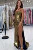 Load image into Gallery viewer, Gold Corset Ruched Sheath Long Prom Dress with Slit