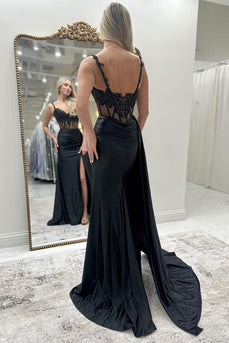 Black Corset Lace Appliqued Long Prom Dress with Slit