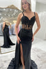 Load image into Gallery viewer, Black Corset Lace Appliqued Long Prom Dress with Slit