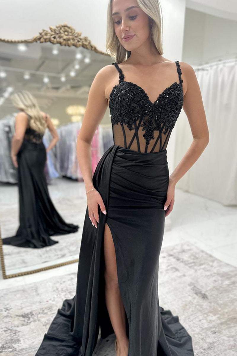 Load image into Gallery viewer, Black Corset Lace Appliqued Long Prom Dress with Slit