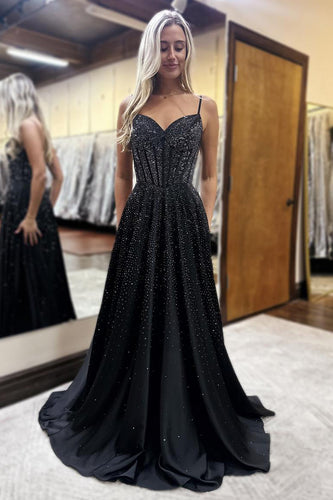 Sparkly Black Corset A Line Long Prom Dress