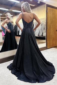 Sparkly Black Corset A Line Long Prom Dress