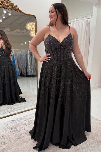 Sparkly Black Corset A Line Long Prom Dress