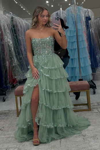 Sparkly Sage Corset Tiered Long Prom Dress with Slit