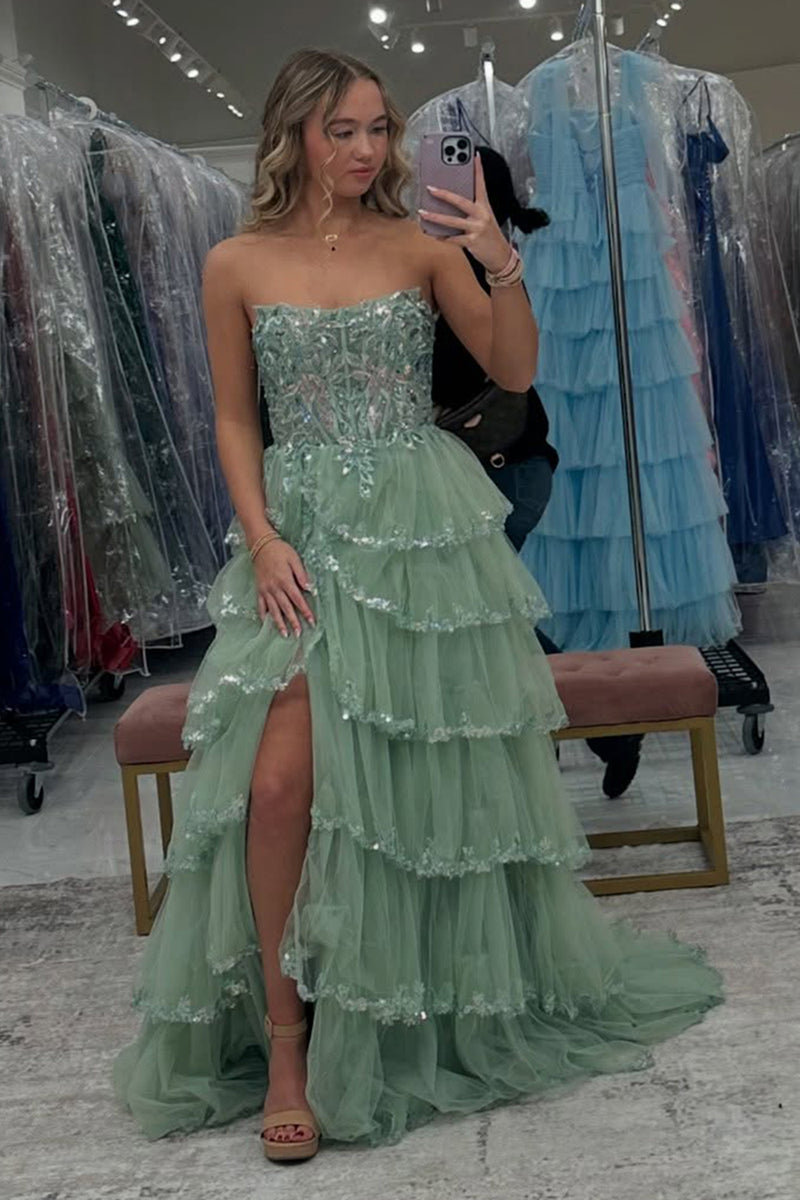 Load image into Gallery viewer, Sparkly Sage Corset Tiered Long Prom Dress with Slit