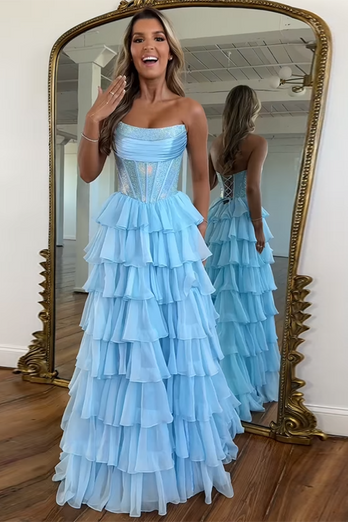 Light Blue Chiffon Tired A Line Long Corset Prom Dress