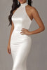 Load image into Gallery viewer, Halter Ivory Mermaid Satin Court Train Wedding Dress