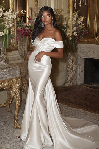 Satin White Off the Shoulder Mermaid Wedding Dress with Detachable Sweep Train